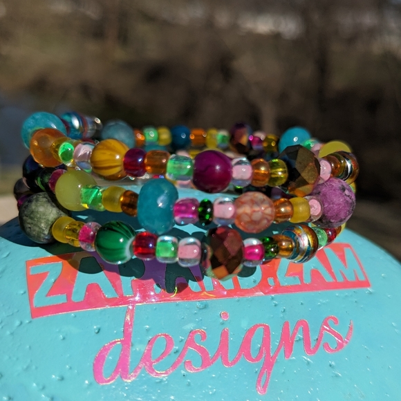 JASPER Crystals Bracelet Blue Opal Glass Beads Handmade Colorful Cute Sparkly - Picture 10 of 15